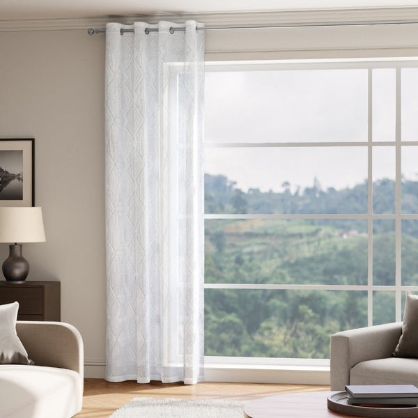 Textured Prism Embroidered Sheer Door Curtain - White