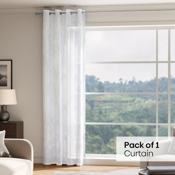 Textured Prism Embroidered Sheer Door Curtain - White
