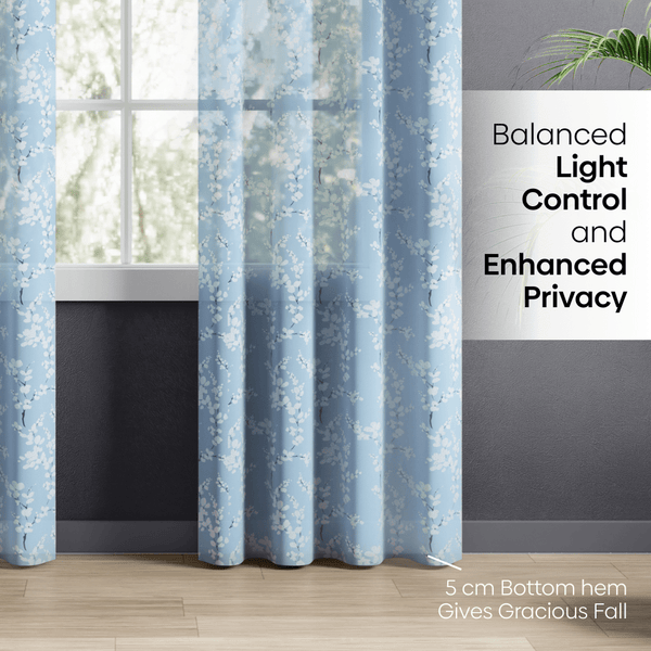 100% Polyester Sheer Digital Printed Door Curtain Nordic Bloom, Blue