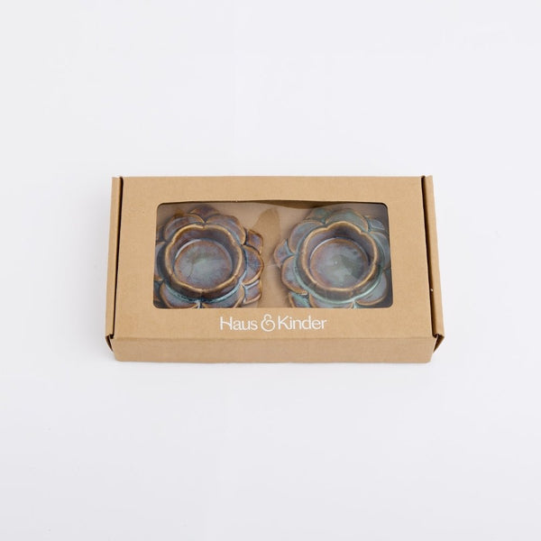 Ceramic Flower Diya, Set of 2- Blue/Brown
