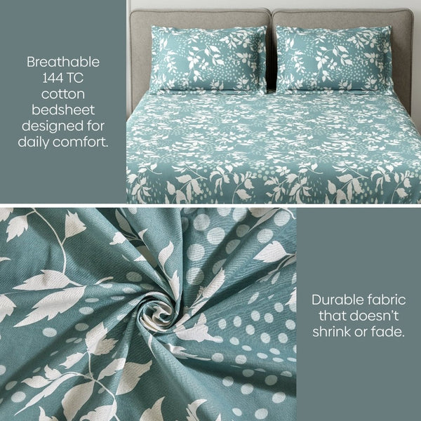 Green foliage 100% Cotton Double Fitted Bedsheet, 144 TC