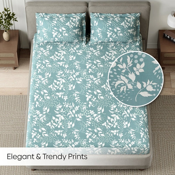 Green foliage 100% Cotton King Fitted Bedsheet, 144 TC