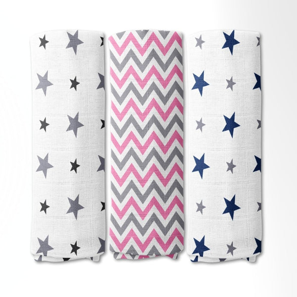 Tiny Twinkles 100% Cotton Muslin Swaddles 0 to 3 Months, Pack of 3
