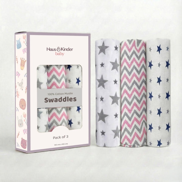 Tiny Twinkles 100% Cotton Muslin Swaddles 0 to 3 Months, Pack of 3