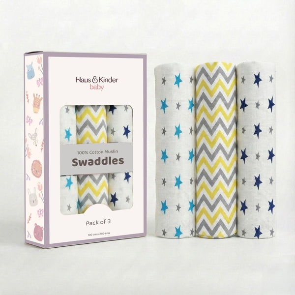 Sunny Skies 100% Cotton Muslin Swaddles 0 to 3 Months, Pack of 3