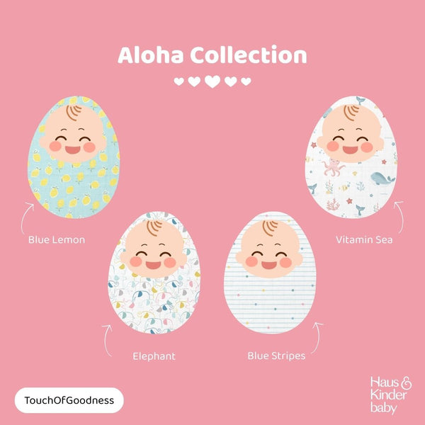 Aloha Collection 100% Cotton Muslin Swaddle Pack Of4 (Elephant, Dot, Fruit, Ocean)