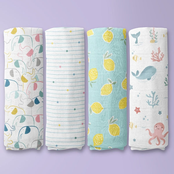 Aloha Collection 100% Cotton Muslin Swaddle Pack Of4 (Elephant, Dot, Fruit, Ocean)