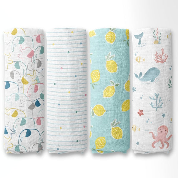 Aloha Collection 100% Cotton Muslin Swaddle Pack Of4 (Elephant, Dot, Fruit, Ocean)