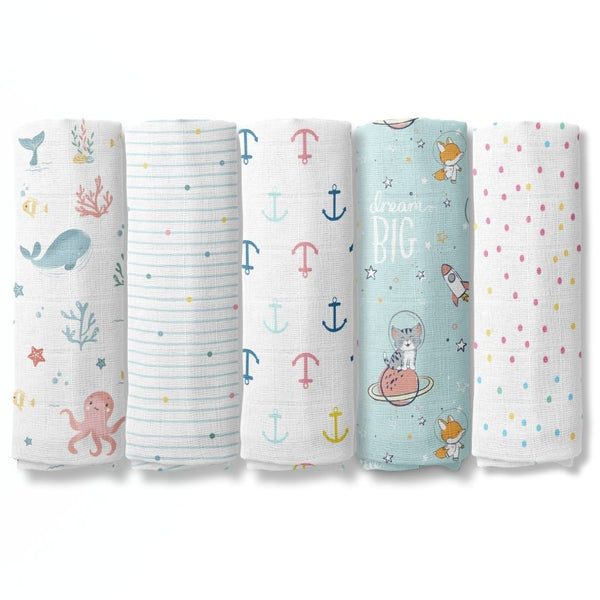 Nautical Collection 100% Cotton Muslin Swaddle Pack Of5
