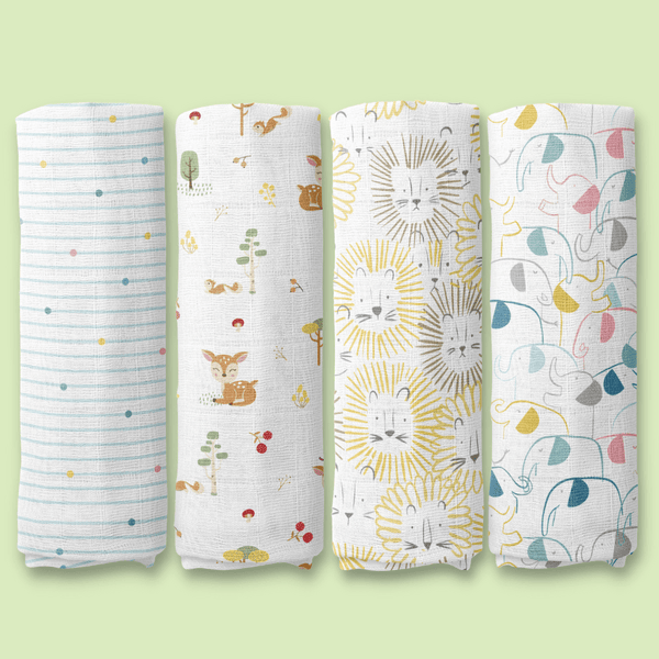 Jungle Safari Collection 100% Cotton Muslin Swaddle Pack Of4 (Woodland, Elephant, Lion, Dot)