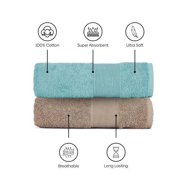 100% Cotton Harmony Combed Bath Towel- Pack Of 2(Coastal Blue, Taupe)