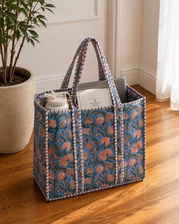 Blue Pink Floral Tote Bag