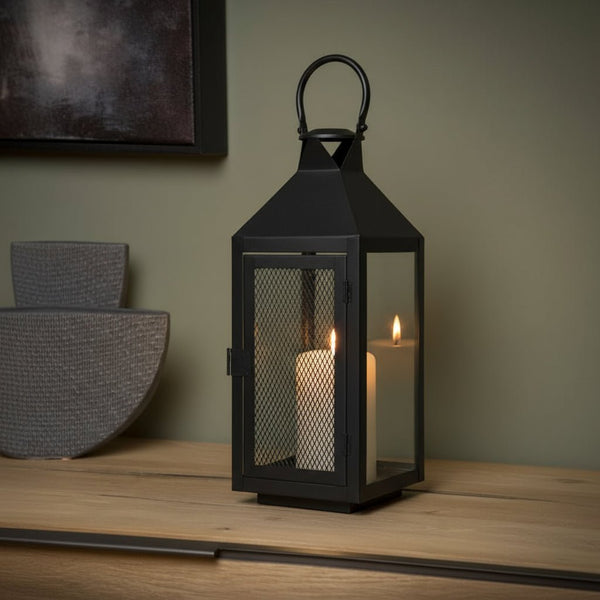 Metal Glass Matt Black Lantern, Black