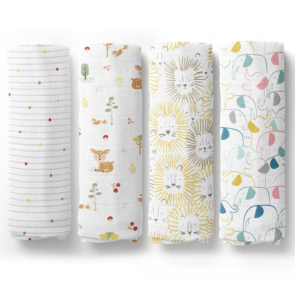 Jungle Safari Collection 100% Cotton Muslin Swaddle Pack Of4 (Woodland, Elephant, Lion, Dot)